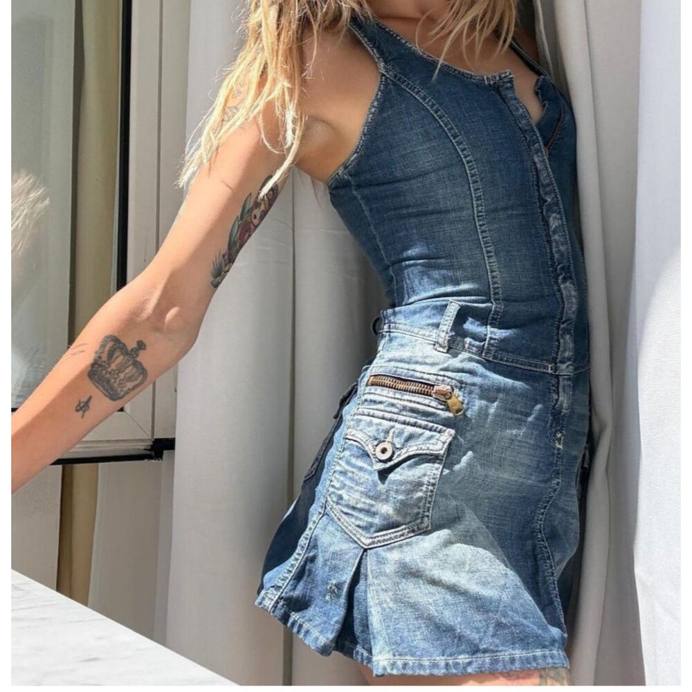Diesel Women's Juniors Blue and Navy Casual-dress Corset Dress Vintage Y2K